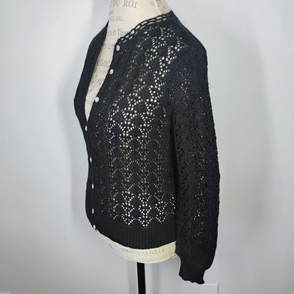 Vtg Dress Du Jour Open Knit Wool Cardigan Black Womens Small Whimsigoth Retro